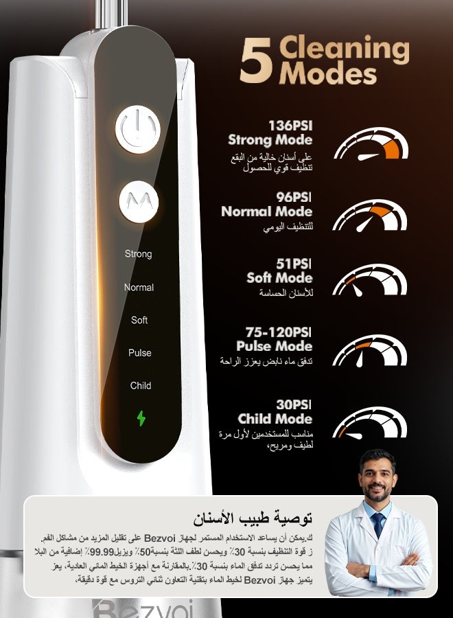 بزفوي جهاز تنظيف الأسنان بالماء المحمول: لطيف على اللثة الحساسة، مزود بتقنية المحرك ثنائي السرعة، خيط مائي للأسنان بـ5 أوضاع، مناسب لتقويم الأسنان، مقاوم للماء بمعيار IPX7، لاسلكي للسفر، أبيض - Image 3