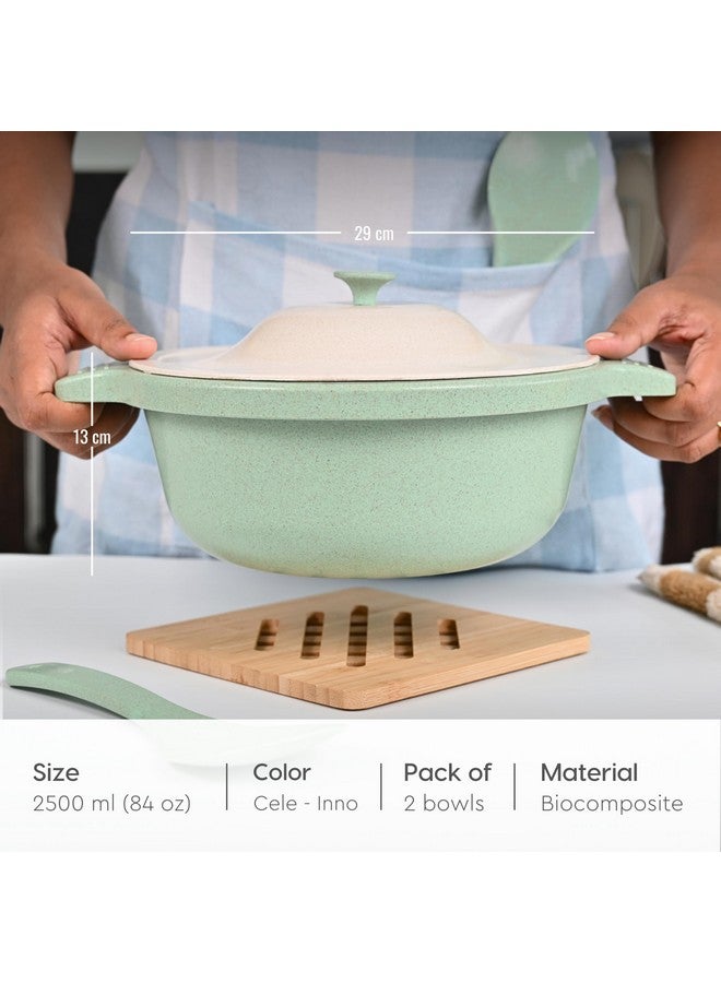 Eha Earth Friendly Serving Bowls with Lid | Microwave Safe | Made with Rice Husk and Bamboo Fibers | 2500 ml Each | Set of 2 | Innocent-Celeste - Image 2
