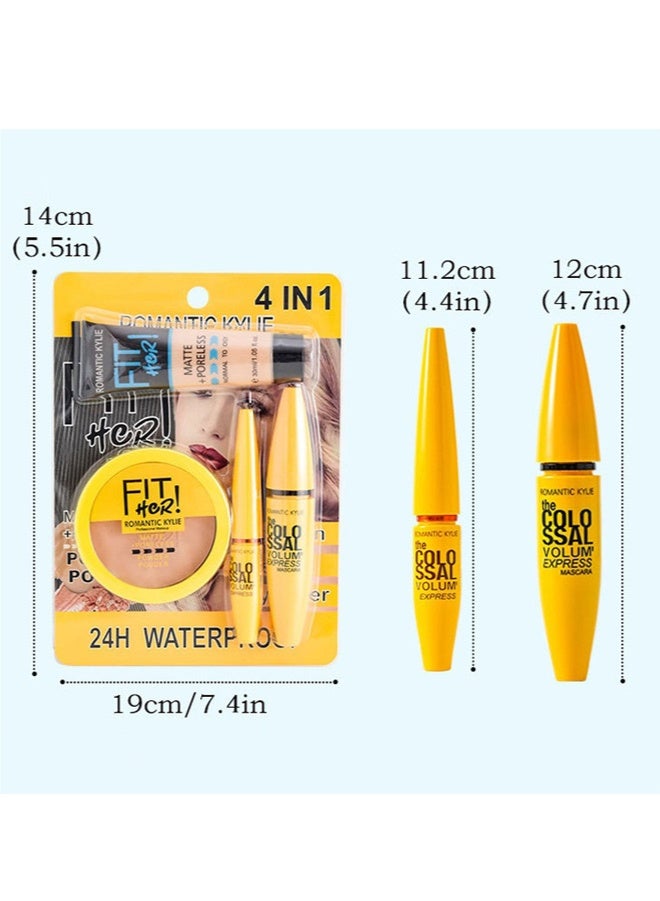 4-In-1 All In One Makeup Set, Matte Foundation Contour Powder Volumizing Mascara Precision Eyeliner, Long Lasting Natural Finish Multi Look Cosmetic Kit For Women - Image 2
