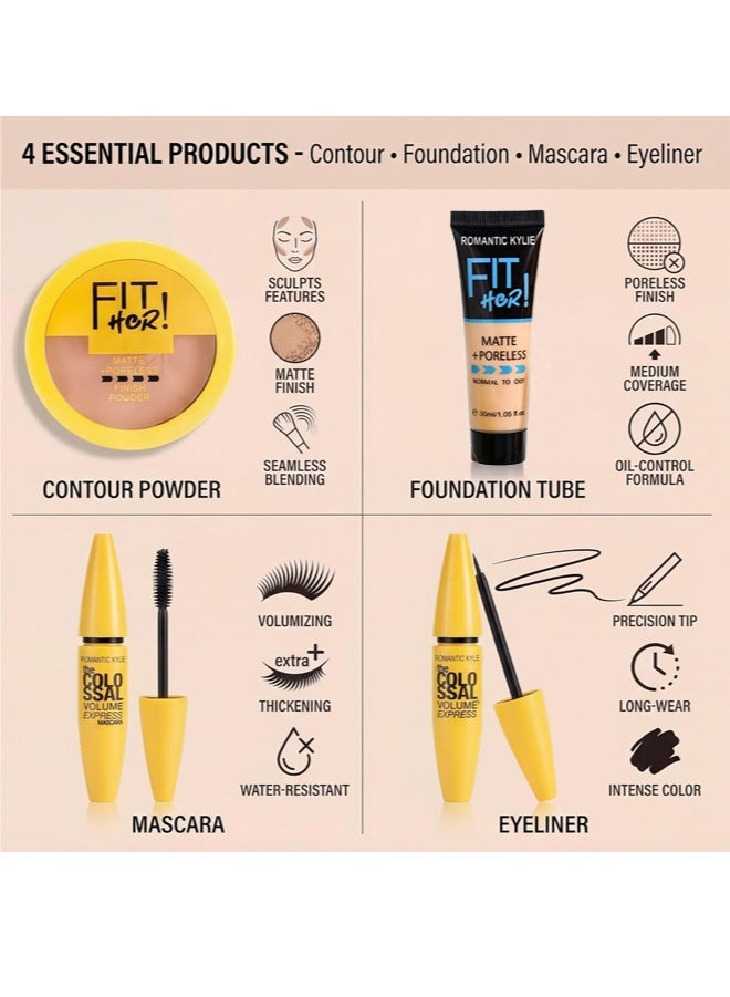 4-In-1 All In One Makeup Set, Matte Foundation Contour Powder Volumizing Mascara Precision Eyeliner, Long Lasting Natural Finish Multi Look Cosmetic Kit For Women - Image 5