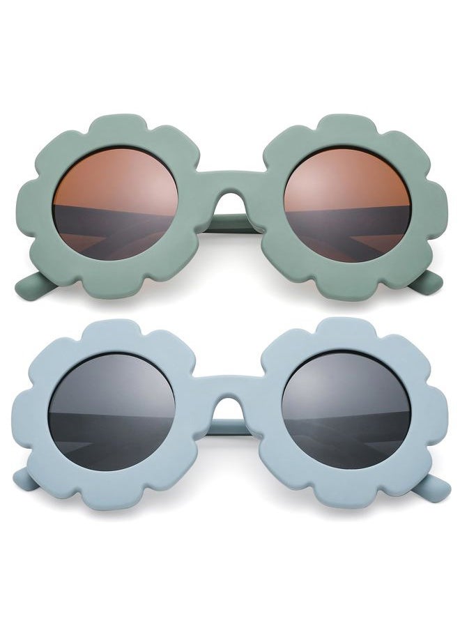 COASION - 2 Pack Kids Polarized Sunglasses UV 400 Protection for Girls Boys Round Flowers Sunglasses Shades Age 1-6 (Matter Green/Brown Lens + Matter Blue/Grey Lens) - Image 1