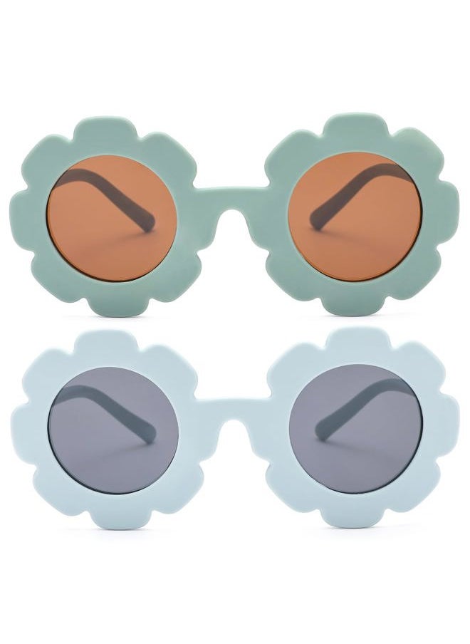 COASION - 2 Pack Kids Polarized Sunglasses UV 400 Protection for Girls Boys Round Flowers Sunglasses Shades Age 1-6 (Matter Green/Brown Lens + Matter Blue/Grey Lens) - Image 1