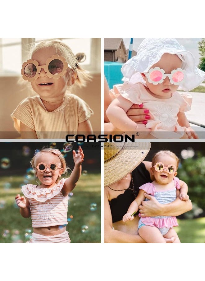 COASION - 2 Pack Kids Polarized Sunglasses UV 400 Protection for Girls Boys Round Flowers Sunglasses Shades Age 1-6 (Matter Green/Brown Lens + Matter Blue/Grey Lens) - Image 1