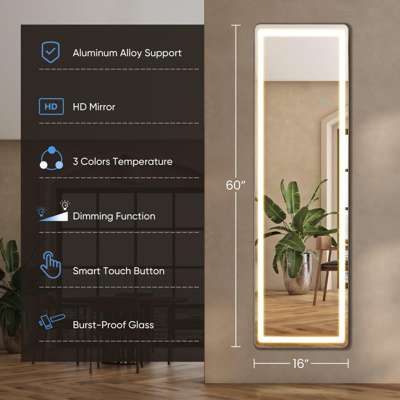 DUMOS LED Mirror Full Length with Stand, 16"Ã—60" Full Body Wall Mirror with LED Lights 3 Color Lighting, Hanging or Leaning, Floor Standing, Modern Simple Home Wall Decor - Image 2
