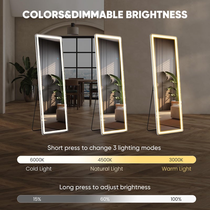 DUMOS LED Mirror Full Length with Stand, 16"Ã—60" Full Body Wall Mirror with LED Lights 3 Color Lighting, Hanging or Leaning, Floor Standing, Modern Simple Home Wall Decor - Image 3