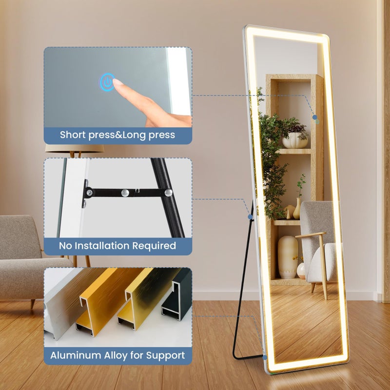 DUMOS LED Mirror Full Length with Stand, 16"Ã—60" Full Body Wall Mirror with LED Lights 3 Color Lighting, Hanging or Leaning, Floor Standing, Modern Simple Home Wall Decor - Image 5