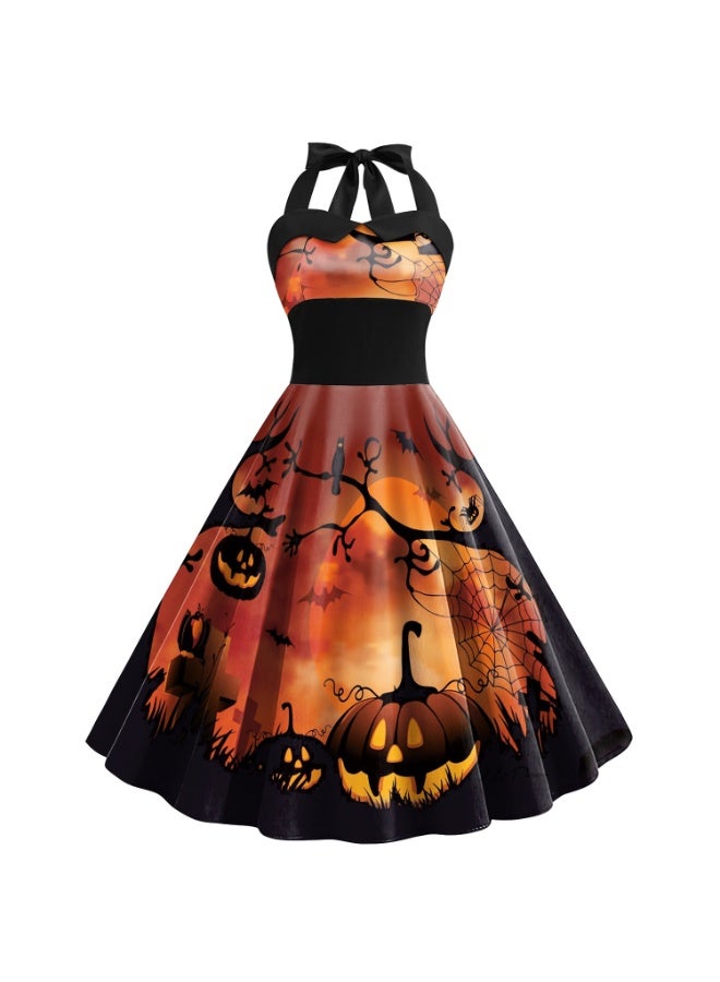 NIBEMINENT Halloween dress, skull and spider web print costume, women's shoulder straps, high-waisted dress for women - Image 1