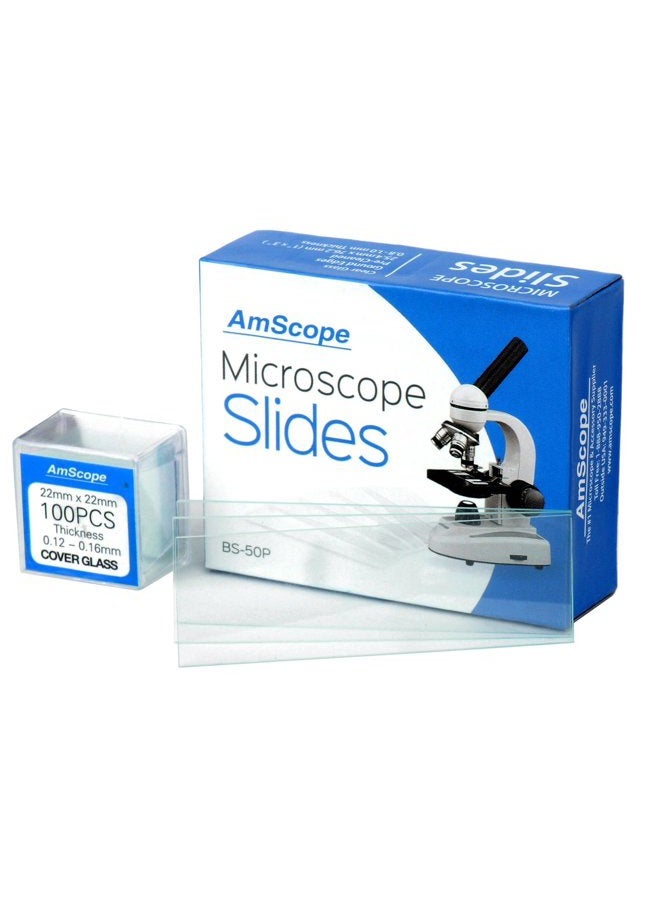 Amscope bs-50p-100s-22 pre-cleaned blank ground edge glass microscope slides and 100pc pre-cleaned square glass cover slips coverslips - Image 1