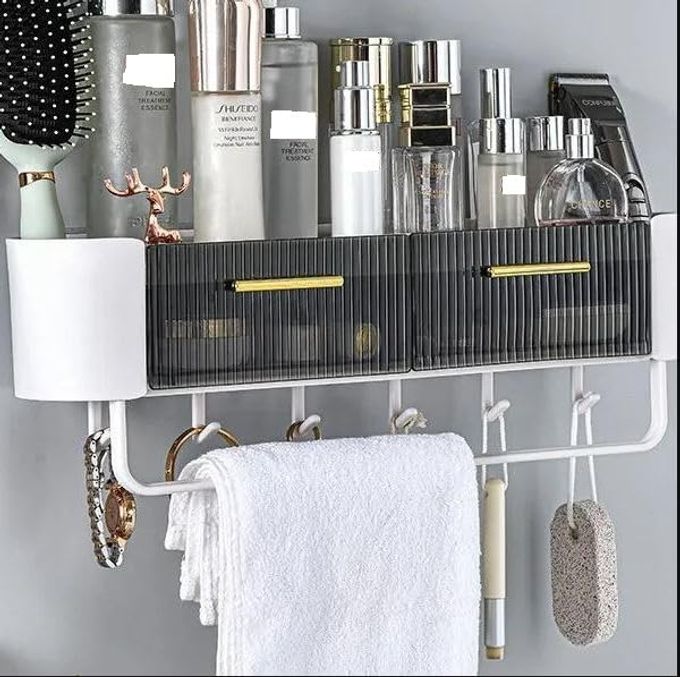 FLOATING SHELVES PUNCHFREE STORAGE RACK WITH TOWEL BAR BATHROOM SHELF WITH HOOKS TWO DRAWER ORGANIZER FOR BATHROOM HOUSEHOLD BATH ACCESSORIES SHOWER CADDY