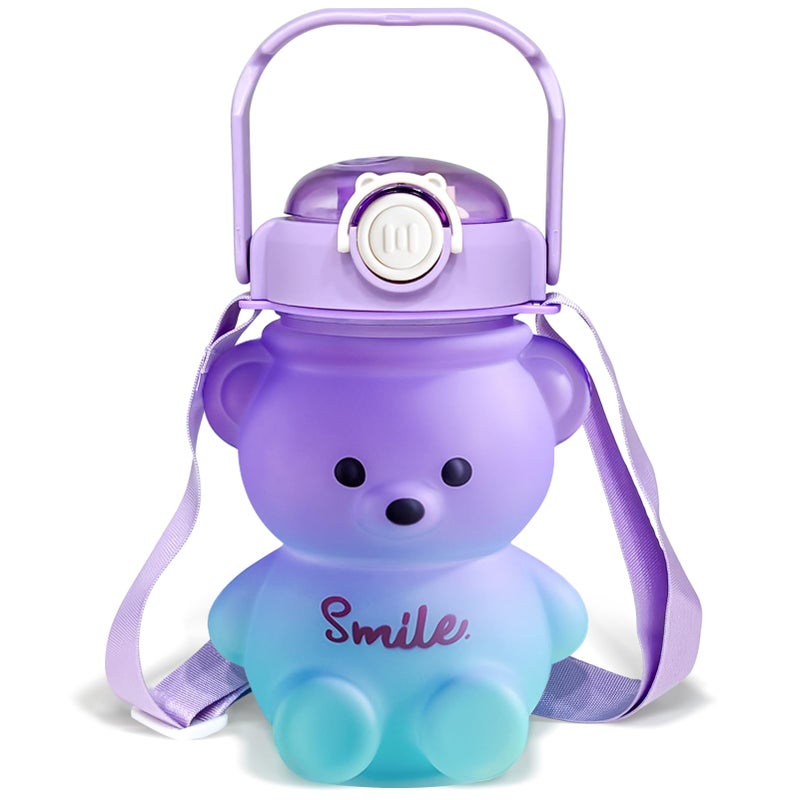 CLWVPCOT Bear Water Bottle 32oz Cute Kawaii Teddy Bear Water Bottle with Straw Adjustable Strap LeakProof Light Weight BPAFree Durable Safe Plastic Drinking Cup for Kids Girls Purple