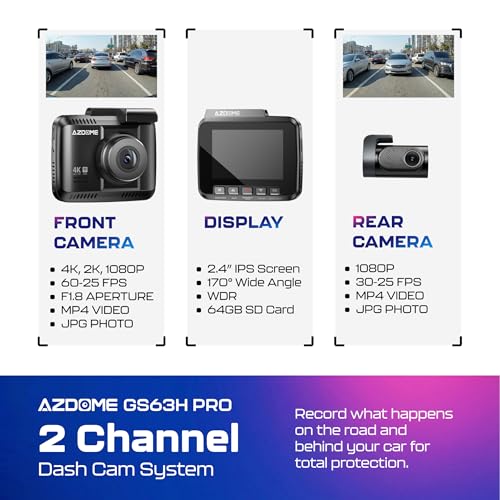 AZDOME 4K UHD Dash Cam for Car Front and Rear| STARVIS Sensor| 2160P WiFi Dash Camera| GPS Logger & ADAS| 170° Wide Night Vision DashCam|2.4" Screen| G-Sensor|Emergency Recorder| Parking Mode| 256GB - Image 2