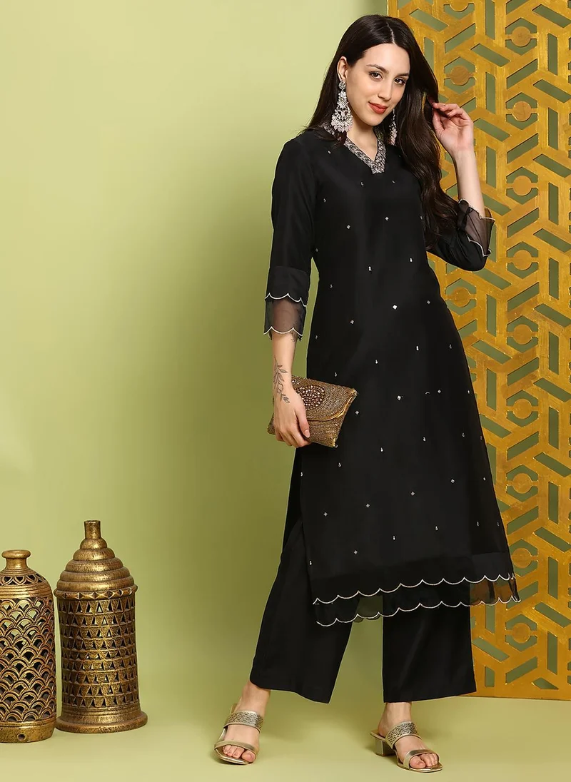 globus Globus Women Black Sequin Embroidered V-Neck Scalloped Hem Straight Kurta With Wide Leg Pants Festive Set