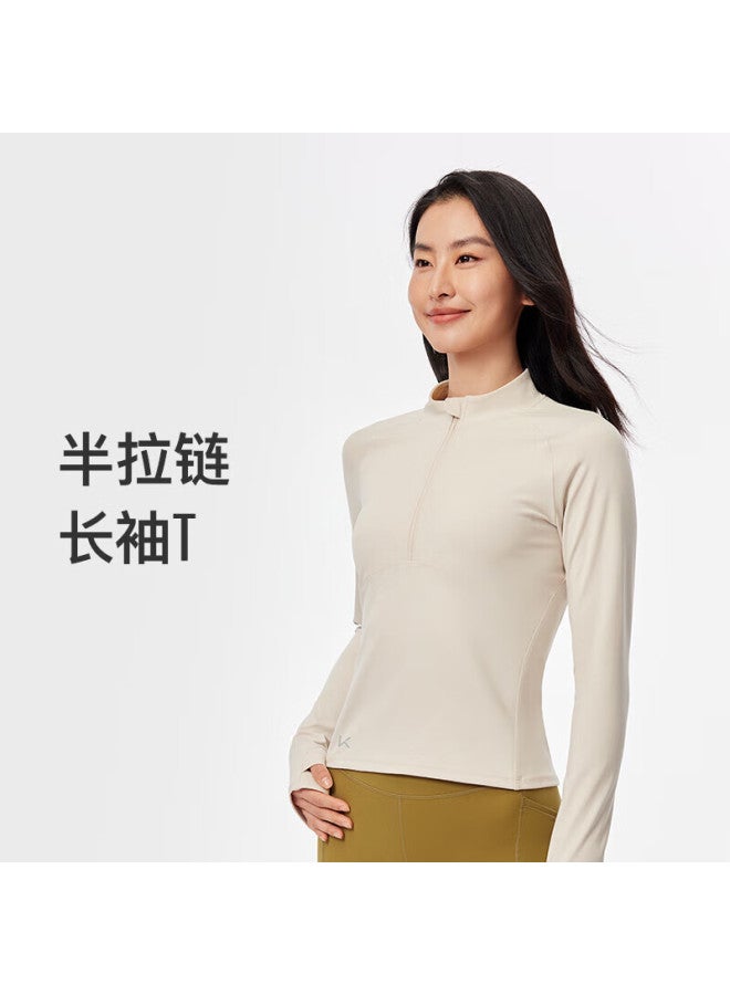Keep Long-sleeve T-shirt For Women, Spring Outdoor Running Sportswear, Fitness Warm Breathable Top, Oat Milk Color, Size S - Image 1