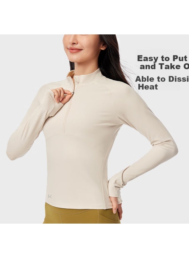 Keep Long-sleeve T-shirt For Women, Spring Outdoor Running Sportswear, Fitness Warm Breathable Top, Oat Milk Color, Size S - Image 3
