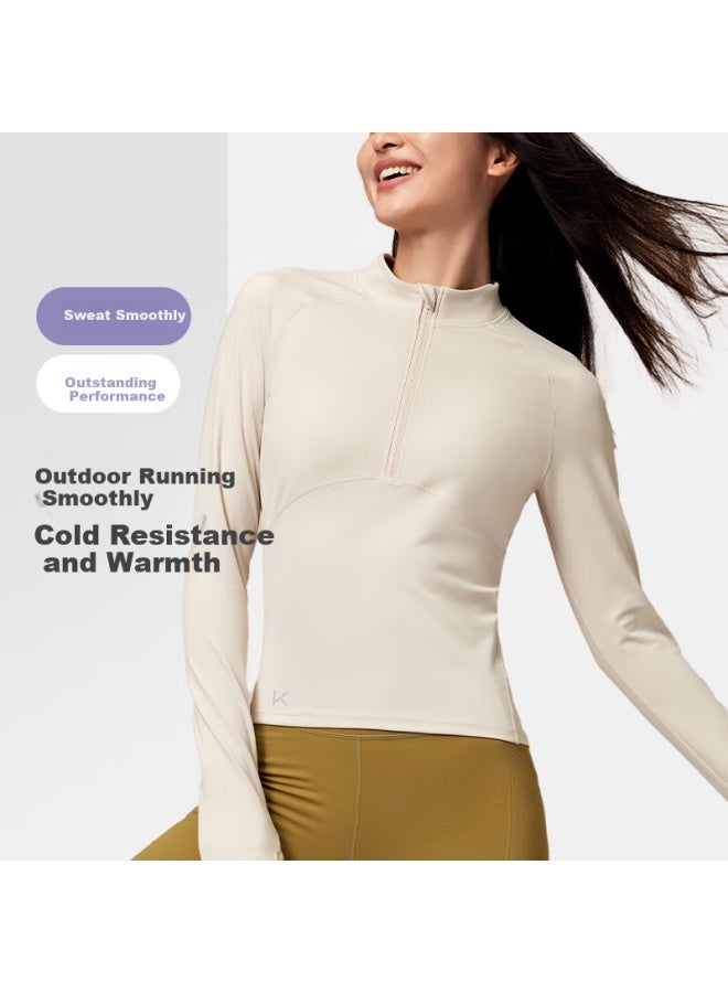 Keep Long-sleeve T-shirt For Women, Spring Outdoor Running Sportswear, Fitness Warm Breathable Top, Oat Milk Color, Size S - Image 2