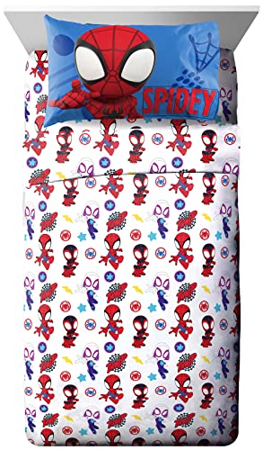 Jay Franco Kids Sheet Set with Fitted Flat Sheets Pillow Cover UltraSoft Bedding with Pillowcase for Room Decor White Spidey Friends 3 Piece Toddler - Image 1
