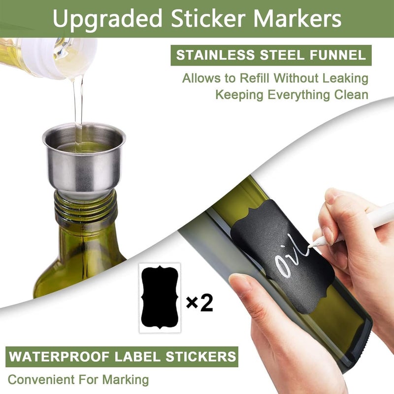 Leaflai Olive Oil Dispenser Bottle, 1 Pcs Green Glass Olive Oil Dispenser and Vinegar Dispenser Set with 2 Stainless Steel Pourers, 2Labels,1 Brush and 1 Funnel Oil Bottles for Kitchen, 17 oz(500ml) - Image 2