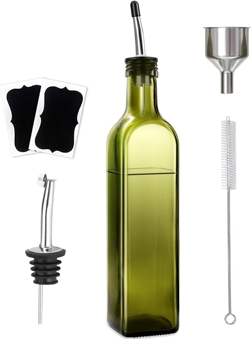 Leaflai Olive Oil Dispenser Bottle, 1 Pcs Green Glass Olive Oil Dispenser and Vinegar Dispenser Set with 2 Stainless Steel Pourers, 2Labels,1 Brush and 1 Funnel Oil Bottles for Kitchen, 17 oz(500ml) - Image 1