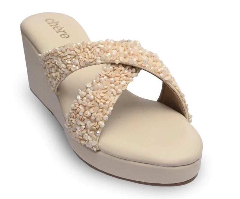 CHERE Women's Beige Embellished Wedges | Comfortable Sandals for Casual, Party and Formal Occasions - Image 3