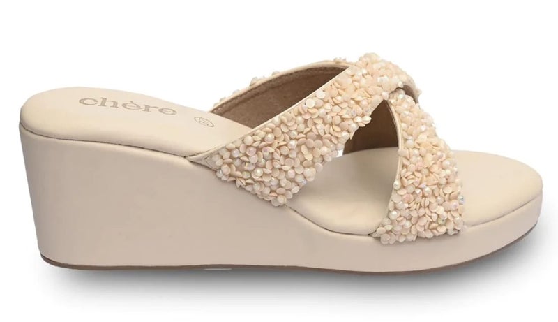 CHERE Women's Beige Embellished Wedges | Comfortable Sandals for Casual, Party and Formal Occasions - Image 5