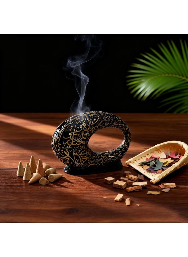 مبخرة بتصميم متحف المستقبل الحديث - حامل بخور راتنج ذهبي مفرغ بنقوش عربية لديكور المنزل، هدايا رمضان، واحتفالات العيد - Image 2