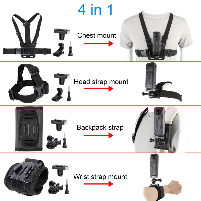 PellKing 4-in-1 Magnetic Quick Release Mount Kit for Insta360 X5,Including Chest Strap Head Strap Wrist and Backpack Clip, 360Â°Rotating Adapter J Hook Clip Mount for Insta360 One X5 Camera and GoPro - Image 3