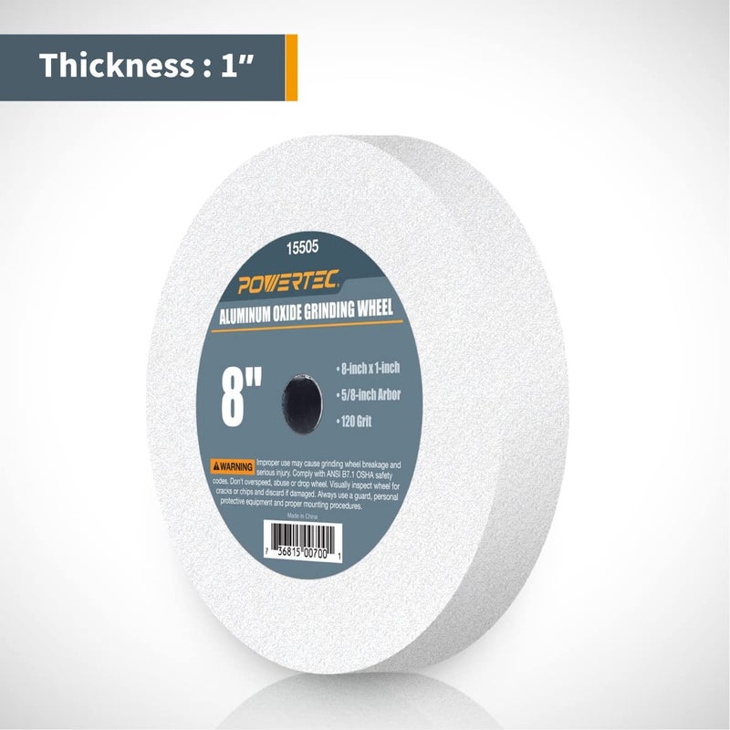 POWERTEC Bench Grinder Wheel 8 Inch 120 Grit, White Aluminum Oxide Grinding Wheel for Bench Pedestal Grinder, 1" Thick 5/8" Arbor, Sharpening & Shaping Drill Bits, Blade, and Chisel 1PK (15505) - Image 2