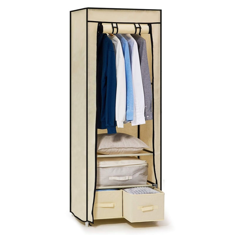 Hododou Canvas Wardrobe Fabric Wardrobe for Bedroom 160 x 59 x 43CM Portable Closet with 2 Drawers and Hanging Rail for Living Room Dormitory Fabric Closet for Clothes Bags Toys Shoes Beige