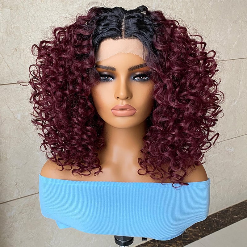 Felek 16inch Curly Lace Front Wigs Middle Part Jerry Curl Wig Ombre Burgundy Color T Lace Front Curly Synthetic PrePlucked Deep Curly Wigs For Black WomenT1BBUG