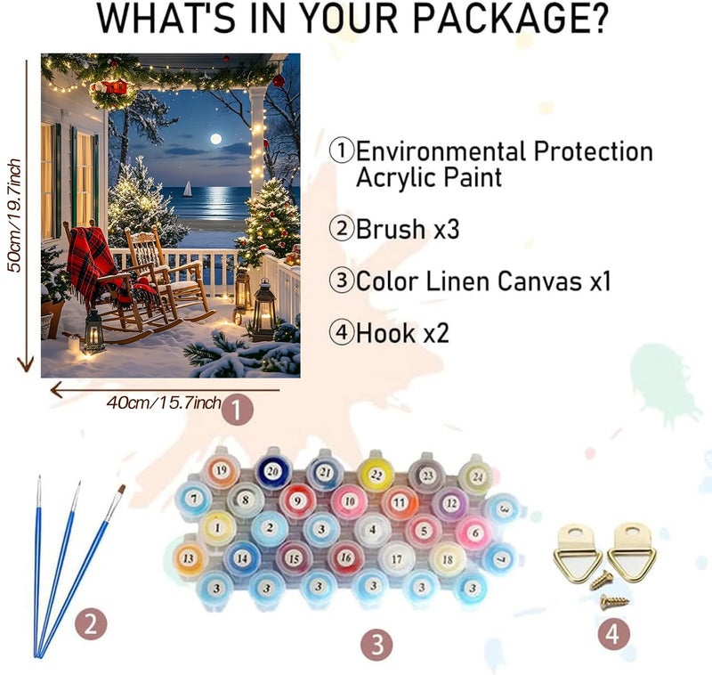 MBNTJHT Christmas Eve Paint by Numbers Kit for Adults,Landscape Beach Paint by Number Kits for Adult Beginners with Brushes,DIY Snow Scenery Unframed Oil Painting Art Kits for Home Wall Decor 16x20 Inch. - Image 2