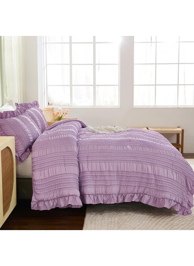 WONGS BEDDING WONGS BEDDING Purple Comforter Set Queen 3 Pieces Ruffle Farmhouse Shabby Chic Comforter for Queen Bed Soft Seersucker Textured Boho Bedding Set with 1 Ruffle Comforter 2 Tufted Pillowcases 90""?90""  - Image 3