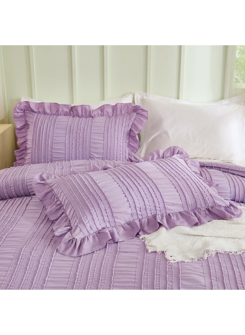 WONGS BEDDING WONGS BEDDING Purple Comforter Set Queen 3 Pieces Ruffle Farmhouse Shabby Chic Comforter for Queen Bed Soft Seersucker Textured Boho Bedding Set with 1 Ruffle Comforter 2 Tufted Pillowcases 90""?90""  - Image 5