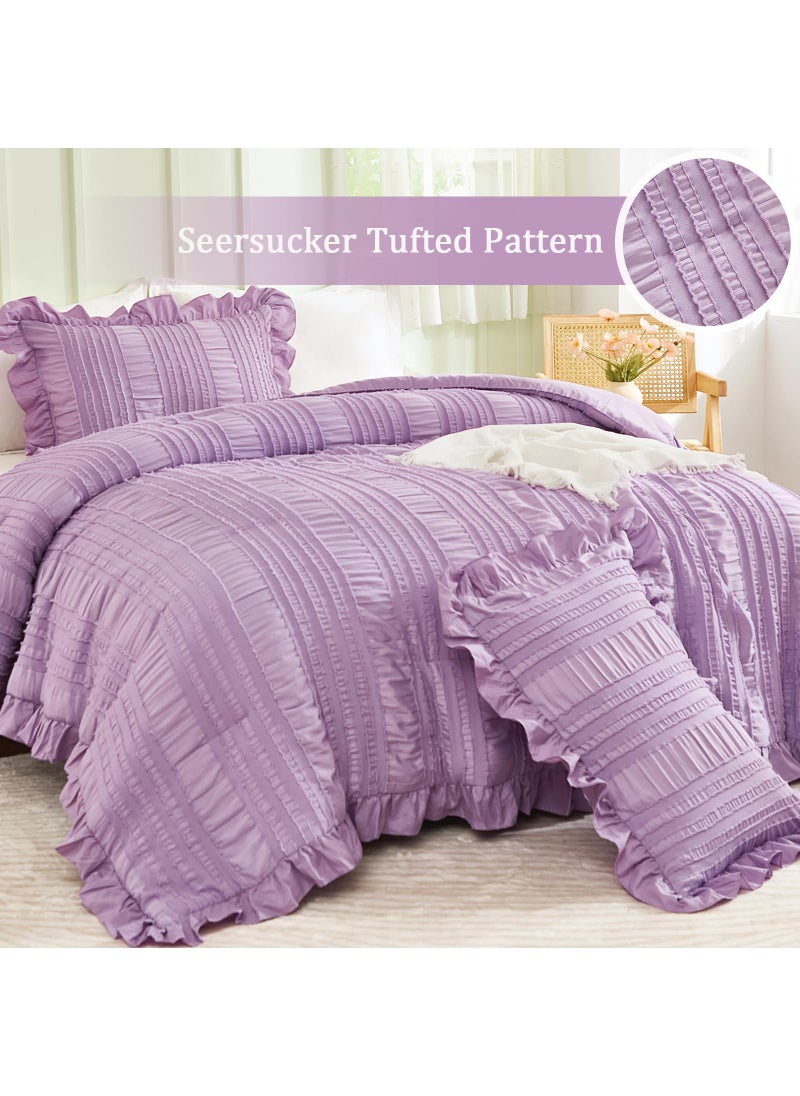 WONGS BEDDING WONGS BEDDING Purple Comforter Set Queen 3 Pieces Ruffle Farmhouse Shabby Chic Comforter for Queen Bed Soft Seersucker Textured Boho Bedding Set with 1 Ruffle Comforter 2 Tufted Pillowcases 90""?90""  - Image 2