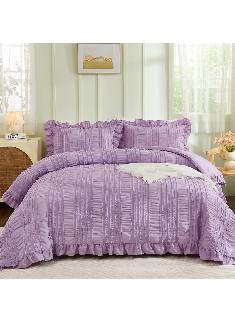 WONGS BEDDING WONGS BEDDING Purple Comforter Set Queen 3 Pieces Ruffle Farmhouse Shabby Chic Comforter for Queen Bed Soft Seersucker Textured Boho Bedding Set with 1 Ruffle Comforter 2 Tufted Pillowcases 90""?90""  - Image 4