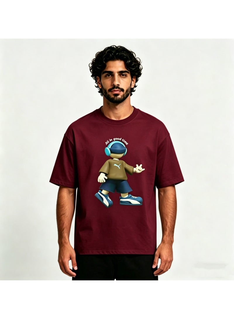 Puma "All in Good Time" 3D Cartoon Character Cotton Burgundy T-Shirt-XL - Image 1