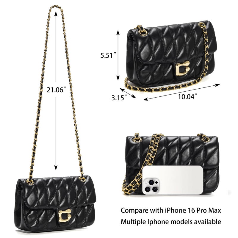 Pelimoo Quilted Crossbody Purse for Women Trendy - Ladies Shoulder Bag Leather Satchel Handbag Designer Evening Clutch with Chain Strap (Black) - Image 3