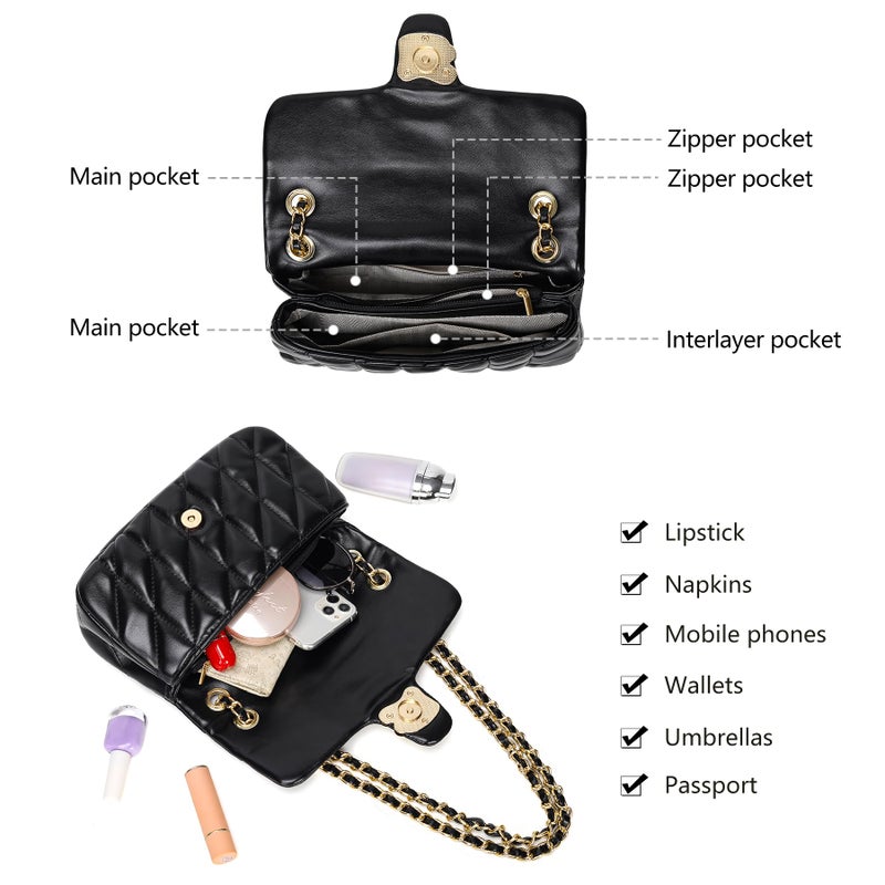 Pelimoo Quilted Crossbody Purse for Women Trendy - Ladies Shoulder Bag Leather Satchel Handbag Designer Evening Clutch with Chain Strap (Black) - Image 5
