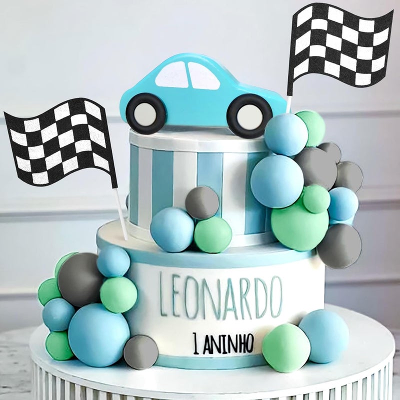 Roaring Good Time Two Quick Cake Toppers, Racing Car Cake Decorations, Car Cake Topper, Checked Flag Cake Topper, Growing Up, Two Quick Birthday Decoration for Birthday Decorations Chemical free - Image 1