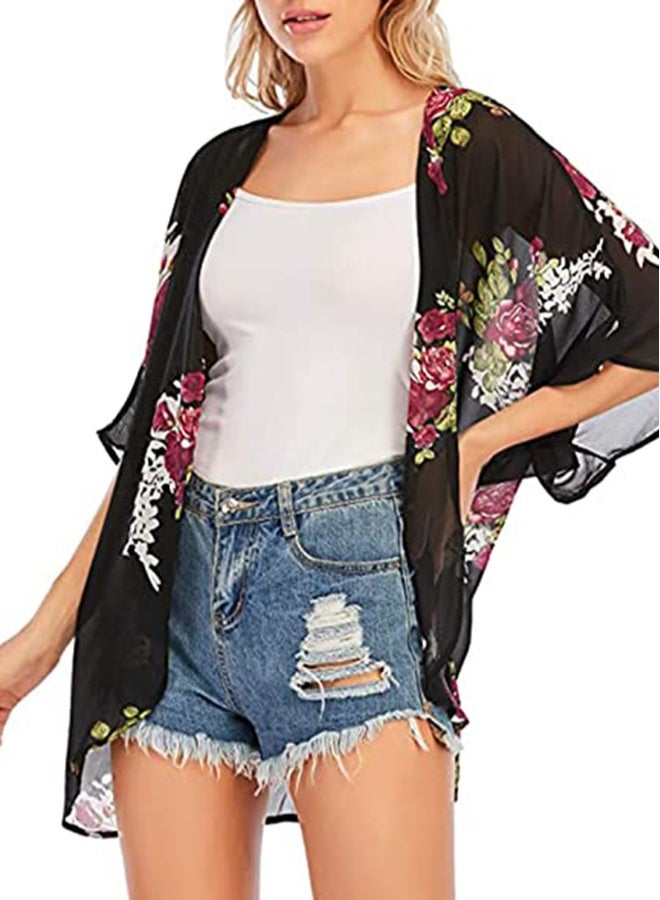 Floral for Women Swimsuit Cover Ups, Open Front Summer Tops Cardigan Half Sleeve Sheer Shawls and Wraps work Dating Party Wedding Club in Spring and Fall Black - Image 3