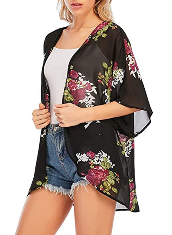 Floral for Women Swimsuit Cover Ups, Open Front Summer Tops Cardigan Half Sleeve Sheer Shawls and Wraps work Dating Party Wedding Club in Spring and Fall Black - Image 4