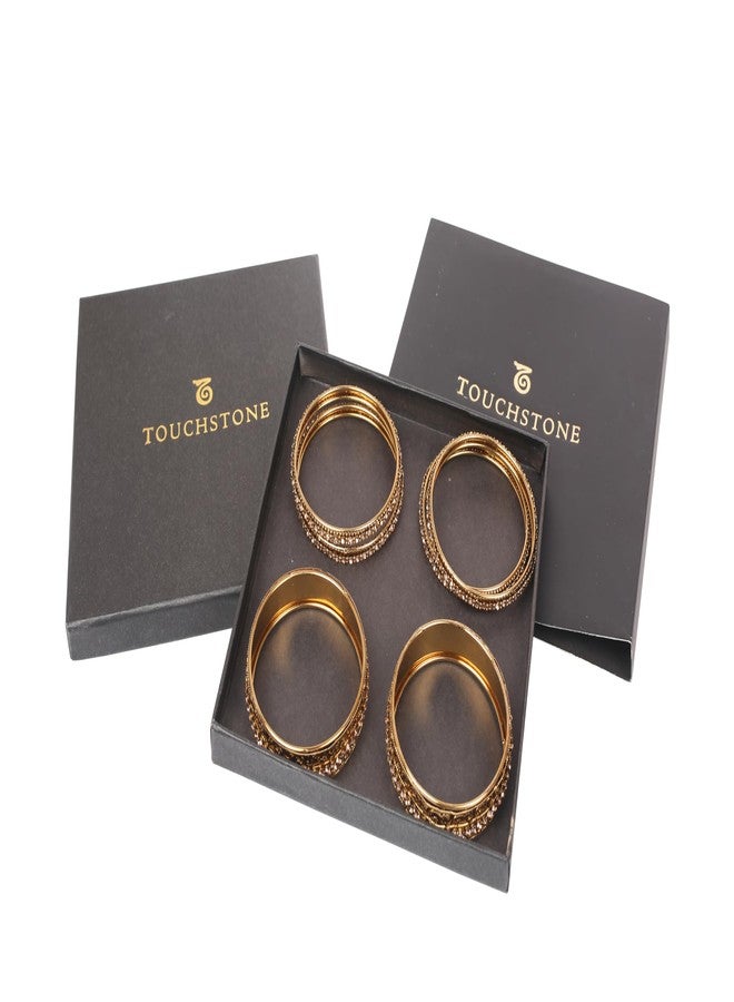 تتش ستون مجموعة أساور "تاتشستون" الذهبية، مستوحاة من الطراز الهندي البوليوودي، بتصميمات دقيقة وزخارف أنيقة، مرصعة بأحجار الراين الشفافة، بألوان ذهبية عتيقة للنساء. طقم من 6 قطع. - Image 4