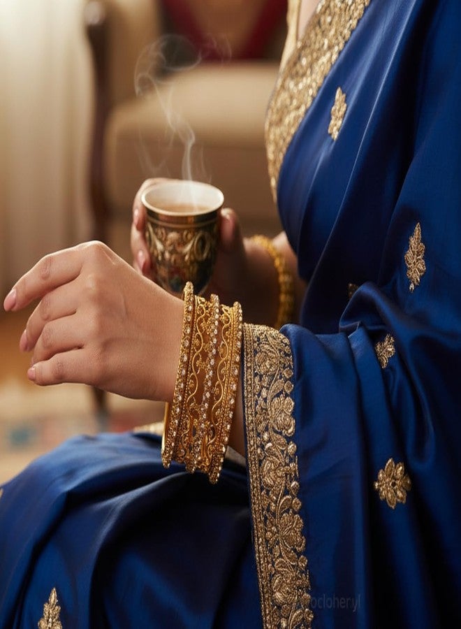 تتش ستون مجموعة أساور "تاتشستون" الذهبية، مستوحاة من الطراز الهندي البوليوودي، بتصميمات دقيقة وزخارف أنيقة، مرصعة بأحجار الراين الشفافة، بألوان ذهبية عتيقة للنساء. طقم من 6 قطع. - Image 3