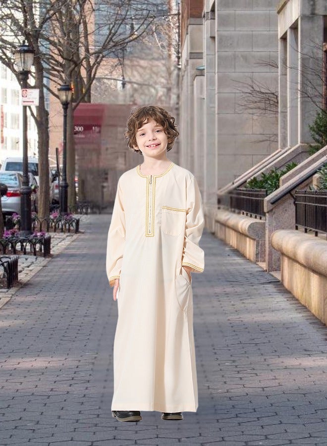 Boy's Muslim Arab Long Sleeve Kaftan， Middle Eastern Kandora Thobe Thawb，Beige - Image 1