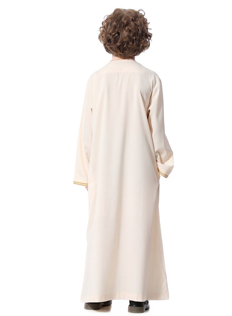 Boy's Muslim Arab Long Sleeve Kaftan， Middle Eastern Kandora Thobe Thawb，Beige - Image 4