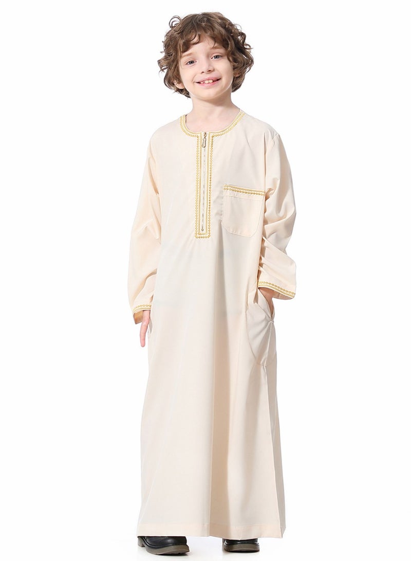 Boy's Muslim Arab Long Sleeve Kaftan， Middle Eastern Kandora Thobe Thawb，Beige - Image 3