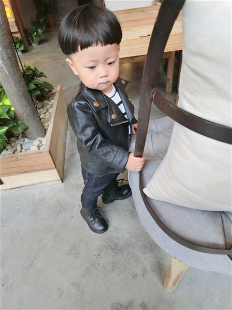 UNIQUEONE Baby Boys Girls Kids Outfits Spring Autumn PU Faux Leather Lapel Jacket Oblique Zipper Outerwear Coat size 18-24 Months/Tag9 (Black) - Image 3