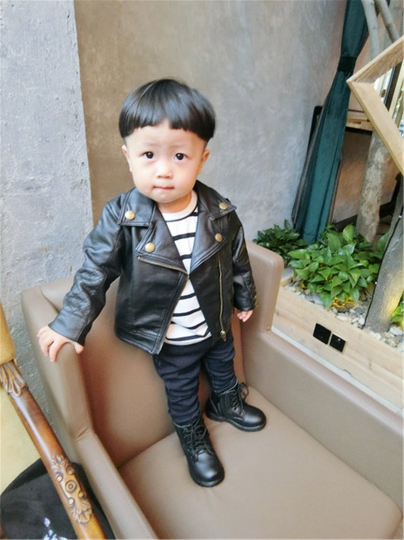 UNIQUEONE Baby Boys Girls Kids Outfits Spring Autumn PU Faux Leather Lapel Jacket Oblique Zipper Outerwear Coat size 18-24 Months/Tag9 (Black) - Image 2
