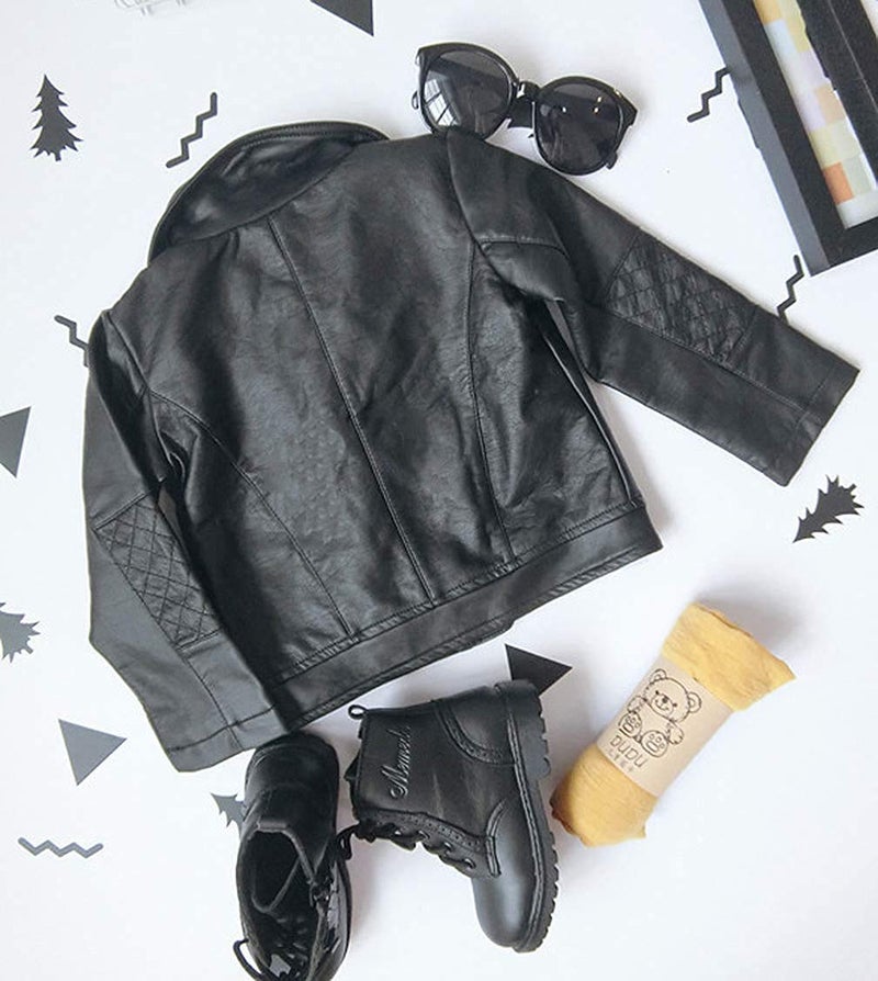 UNIQUEONE Baby Boys Girls Kids Outfits Spring Autumn PU Faux Leather Lapel Jacket Oblique Zipper Outerwear Coat size 18-24 Months/Tag9 (Black) - Image 4