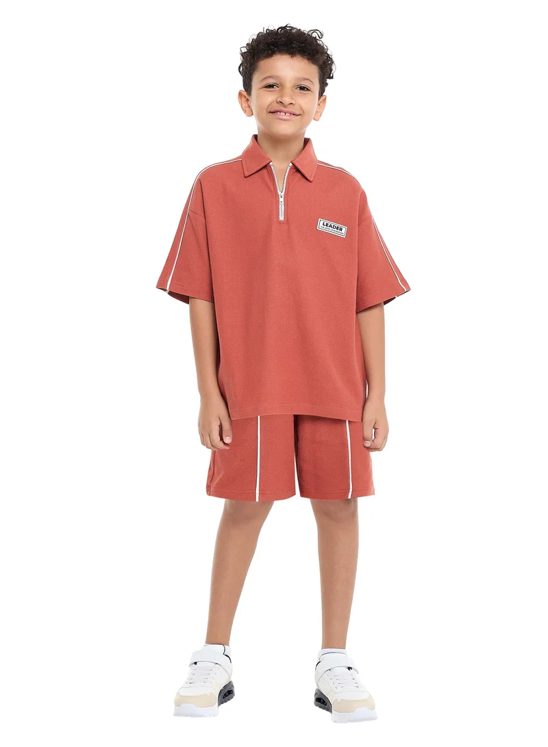 victor and jane Victor and Jane Boys' Oversized Jacquard Set – Rust 2-Piece Outfit with Pockets, Polo T-Shirt With Half  Zipper and Shorts