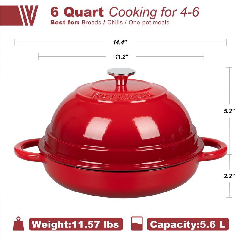 VORRINGARD Cast Iron Enameled Dutch Oven Pot with Lid for Bread Baking, Bread Oven, 6 Quart, Red - Image 2